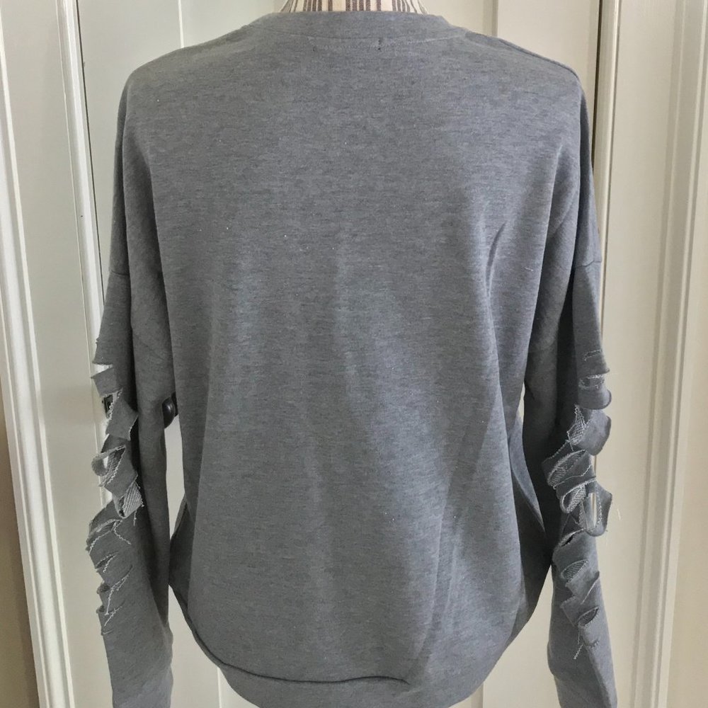 Unique Find Hi-Lo Hem Sweatshirt Top Ripped Sleeves S M L Heather Grey Crewneck - Picture 6 of 16